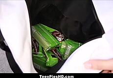 Hey, this cute teen girl scout gets a creampie from her customer, her petite body shaking.