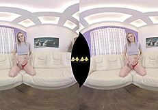 Blonde teen explores vr piss play and dildo action