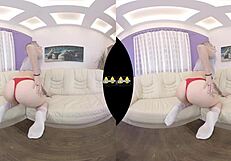 Blonde teen explores vr piss play and dildo action