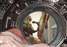 chubby blonde contrasts with young guy in laundry room sex