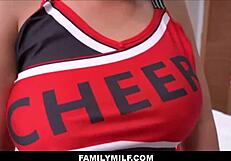 look at this big tits brunette milf stepmom getting fucked by her big dick stepson in cheerleading outfit pov, nadia white and allen swift