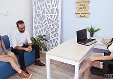 Oh no the lesbian boss caught us fucking and made us fuck her face!