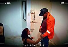 Delivery guy enjoys casual sex, sucking cock and fucking in lingerie.