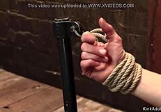 blonde slave gets hung by hips in rough bondage session 😈