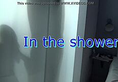 the blonde teen bathes in the shower, giving blowjob and licking