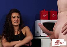 British office voyeur teasing sub to tug obediently.