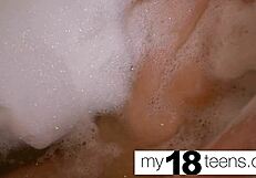 Babe intensely masturbates in bath, explosive orgasm closeup