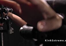 The hairy pussy of Sun is bound in device bondage and fingered