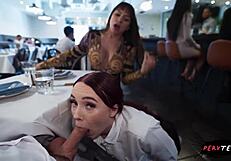 The sneaky waitress fucks me hard in the restaurant, and we get caught