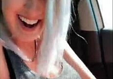 Blonde fingers herself in public car