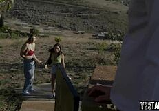 Celebirty guide has a threesome with two busty stepsisters