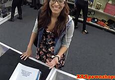 In a hidden reality voyeur setup, beautiful glasses babe rides a massive pawnbroker cock with fingering.