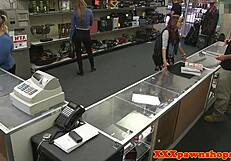 In a hidden reality voyeur setup, beautiful glasses babe rides a massive pawnbroker cock with fingering.