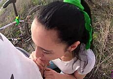 Risky POV blowjob behind the garages