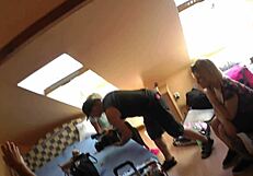 Big dick blowjob threesome party backstage with school skirts, stockings, and high heels