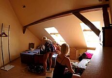 Big dick blowjob threesome party backstage with school skirts, stockings, and high heels