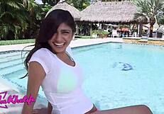 Mia khalifa starts nervous but takes her first creampie, loving the cum deep in her pussy during doggystyle and missionary.