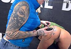 18-year-old gets intense ass masturbation in tattoo studio, cumming for first time