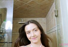 Fierce brunette bombshell showers