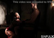 Ebony bound babe takes big cock deepthroat