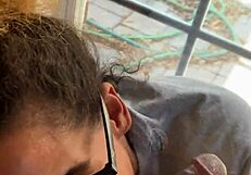 Ebony Step-Sister Gives Blowjob By Window, Gets Facial While Boyfriend Searches