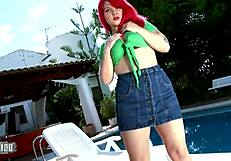 Chubby Little 18+ Redhead Mey Max Slowly Removes Clothes By The Pool