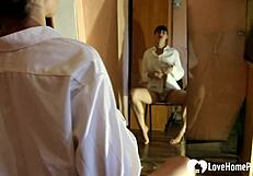 Naughty stepsister intensely masturbates in front of mirror