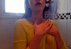 horny slutty girl in bath rubbing tits, showing ass, craving cock in pussy