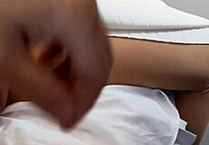 Vietnamese teen loli girl performs handjob and masturbation on her wet pussy in the air.