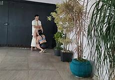 Risky Sex With Neighbor In Garage While Cuckold Showers