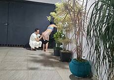 Risky Sex With Neighbor In Garage While Cuckold Showers