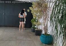 Risky Sex With Neighbor In Garage While Cuckold Showers