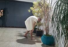 Risky Sex With Neighbor In Garage While Cuckold Showers