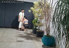 Risky Sex With Neighbor In Garage While Cuckold Showers