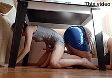 we hide under the table from our stepmother to rub our pussies - lesbian illusion girls