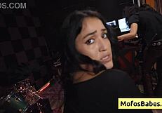 hot brunette sucking dick backstage, then getting banged from behind - nia bleu brett maker