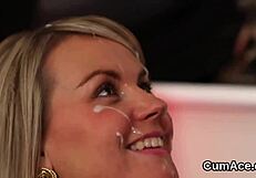 Sexy idol gets cumshot on her face swallowing all the spunk.