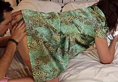 French amateur in satin lingerie surprises with deepthroat and dirty talk during clothed sex