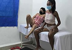 Horny mexican lesbians touch buttocks and big tits in doctor's office. They grope each other.