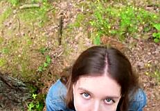 Petite brunette deepthroats and swallows cum outdoors after home fuck