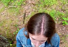 Petite brunette deepthroats and swallows cum outdoors after home fuck