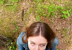 Petite brunette deepthroats and swallows cum outdoors after home fuck