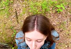 Petite brunette deepthroats and swallows cum outdoors after home fuck