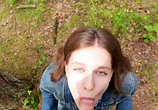 Petite brunette deepthroats and swallows cum outdoors after home fuck