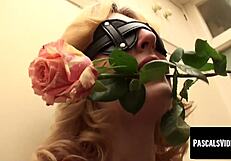 This blonde gets romantic with a rose in her mouth 😘 and kinky with a blindfold over her eyes.
