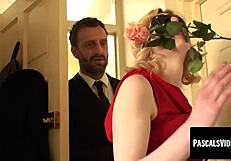 This blonde gets romantic with a rose in her mouth 😘 and kinky with a blindfold over her eyes.