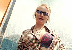 a lonely divorcee enjoys a huge cucumber in the bathroom