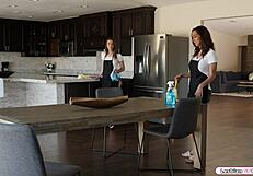 Busty Latina Boss Licks Brunette Maid's Pussy and Squirts Hard