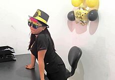 the hot office worker prepares an anal plug to play with her horny buttocks