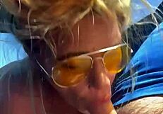 blonde slut takes a huge facial after getting fucked in public